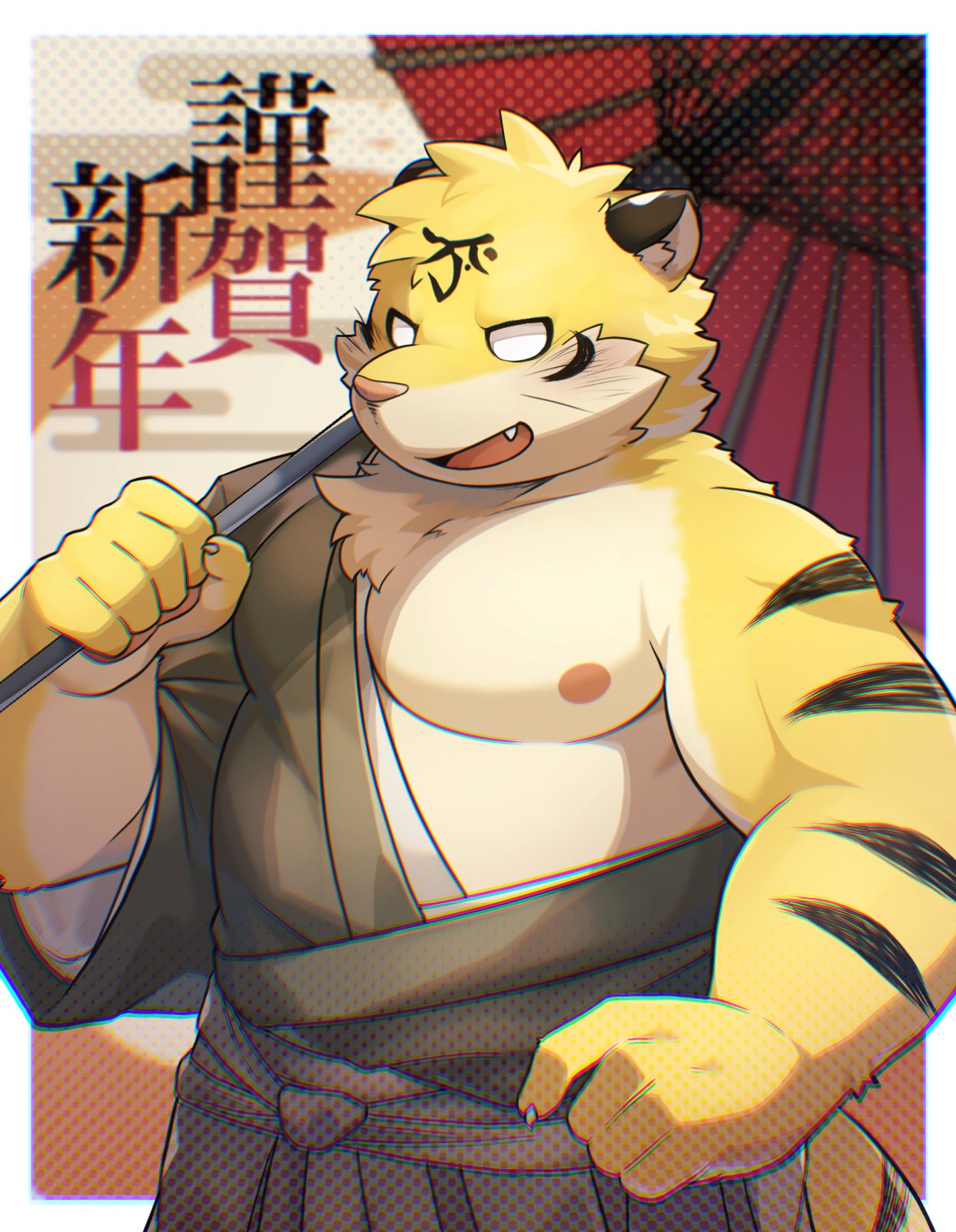2022 anthro asian_clothing benkei_(the_spicy_ninja_scrolls) blush chinese_zodiac clothing cute_fangs east_asian_clothing felid hi_res holidays humanoid_hands japanese_clothing kemono male mammal new_year overweight overweight_male pantherine parasol pink_nose ponzu_tas solo text the_spicy_ninja_scrolls tiger year_of_the_tiger