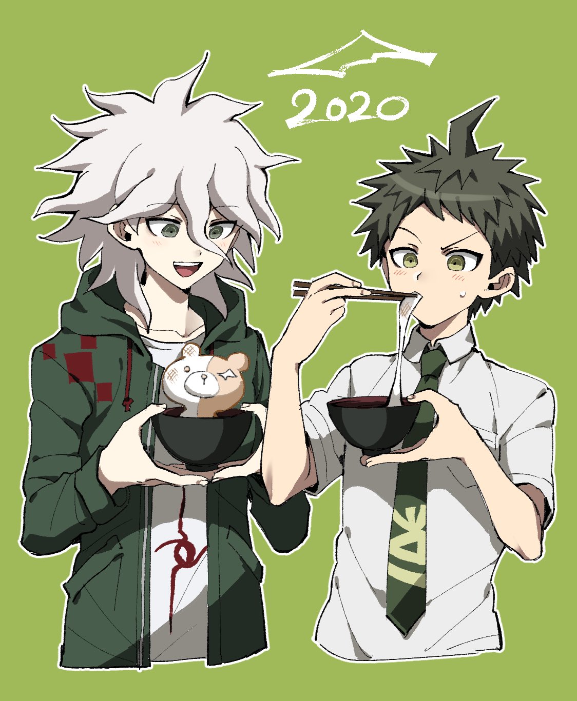 2020 2boys :d ahoge bangs blush brown_eyes chopsticks collarbone collared_shirt cropped_torso cup danganronpa_(series) danganronpa_2:_goodbye_despair eating eyebrows_visible_through_hair green_background green_jacket green_necktie grey_hair hair_between_eyes highres hinata_hajime holding holding_chopsticks holding_cup hood hood_down jacket komaeda_nagito male_focus meguo_(guyutyankani) monokuma multiple_boys necktie outline print_shirt shirt short_hair smile teeth upper_teeth white_outline