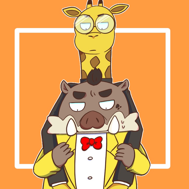 2021 anthro bow_tie brown_body clothing duo embrace eyewear giraffe giraffid glasses hug hugging_from_behind humanoid_hands kemono kensuke_shibagaki_(odd_taxi) mammal natsumeggggg odd_taxi satoshi_nagashima_(odd_taxi) shirt slightly_chubby suid suina sus_(pig) topwear wild_boar yellow_body