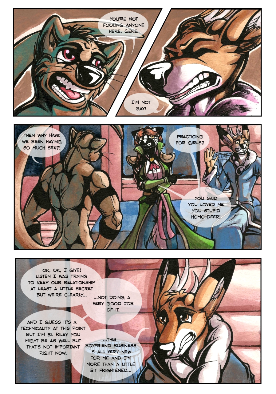 anthro arguing argument boneitis capreoline cervid comic confession denial_(disambiguation) dialogue elle_parker female gene_trifell gouache_(artwork) grimacing group hands_in_air hi_res hyaenid lutrine male male/female mammal mustelid painting_(artwork) riley_(boneitis) river_otter striped_hyena traditional_media_(artwork) vampire_hunter_boyfriends white-tailed_deer