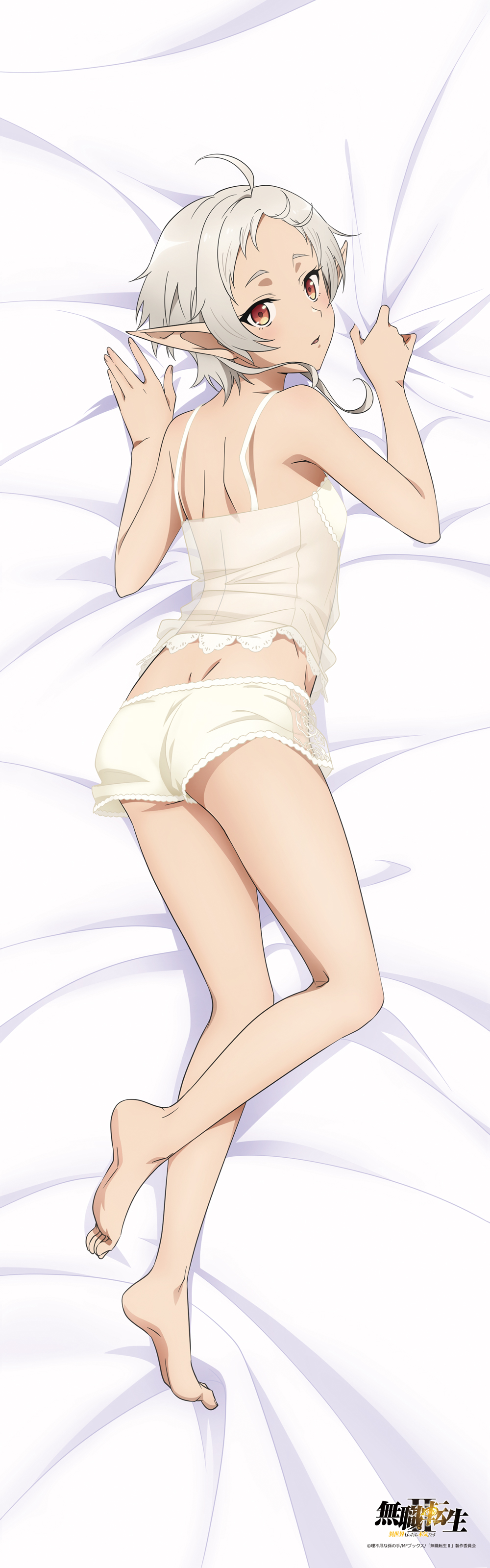 1girl absurdres antenna_hair artist_request bare_arms bare_back bare_legs bare_shoulders barefoot bra dakimakura_(medium) elf feet highres looking_at_viewer mushoku_tensei pajamas panties pointy_ears red_eyes revealing_clothes see-through short_hair soles sylphiette_(mushoku_tensei) underwear white_bra white_hair white_pajamas white_panties