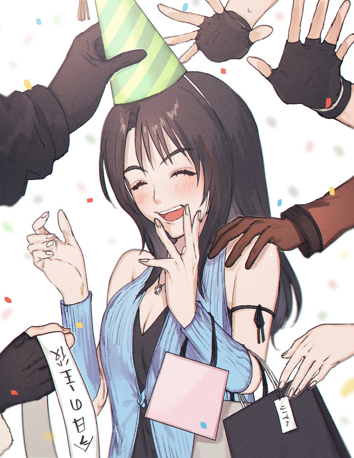 ah_yoshimizu arm_ribbon bag birthday black_hair black_ribbon blush closed_eyes confetti detached_sleeves final_fantasy final_fantasy_viii hand_on_own_face hands_up happy hat highres holding holding_bag irvine_kinneas jewelry long_hair multicolored_hair necklace open_mouth paper_bag party_hat quistis_trepe reaching ribbon ring ring_necklace rinoa_heartilly selphie_tilmitt sleeveless_duster smile squall_leonhart streaked_hair translation_request upper_body white_background zell_dincht