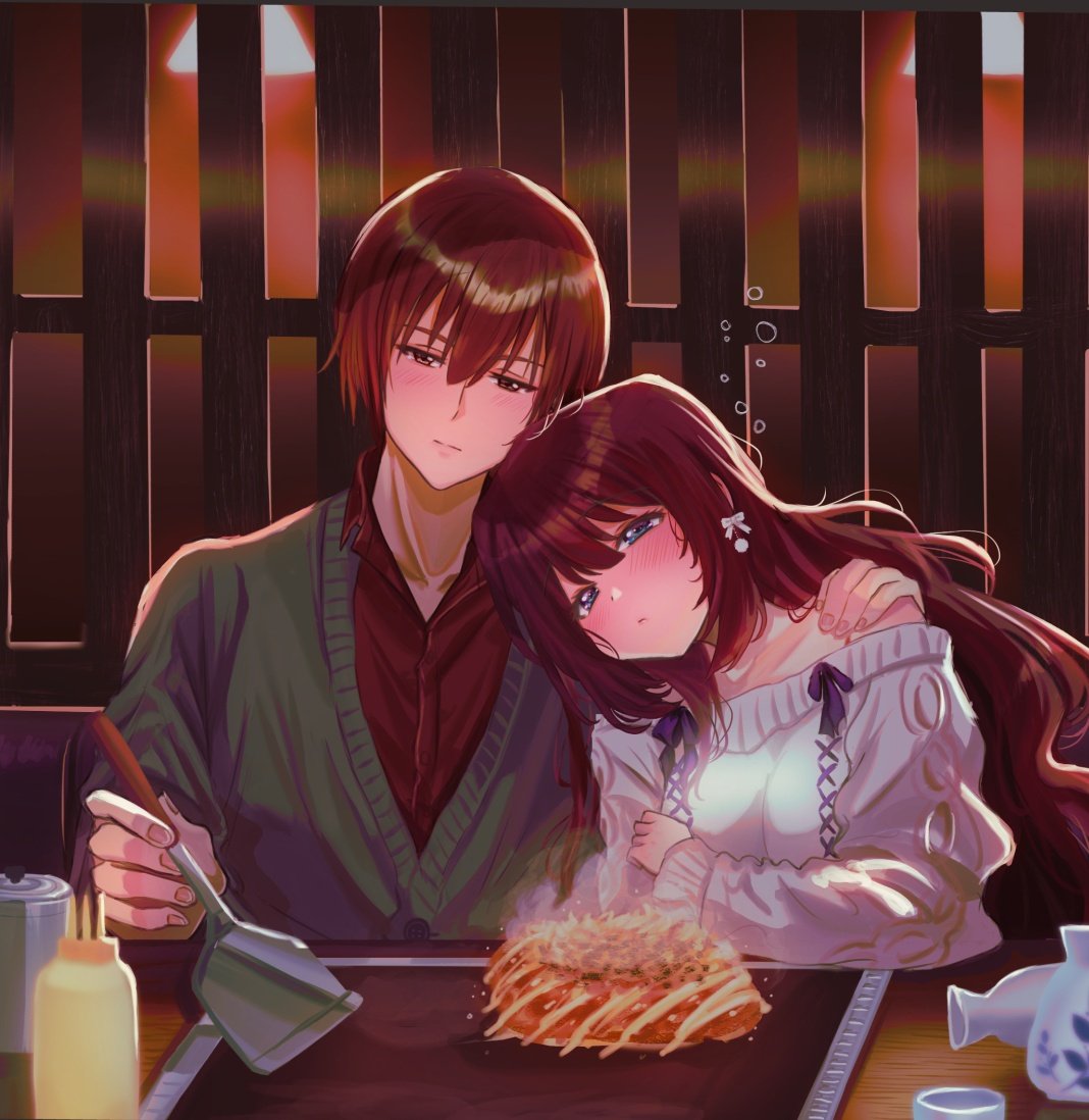 1boy 1girl a-chan_senpai bare_shoulders blue_eyes blush bottle bow brown_eyes brown_hair cardigan casual closed_mouth commentary_request couple drunk eyes_visible_through_hair food green_cardigan hair_between_eyes hair_bow half-closed_eyes hand_on_another's_shoulder head_on_another's_shoulder hetero hug indoors little_busters! long_hair miiizuno_lbs natsume_kyousuke off-shoulder_sweater off_shoulder okonomiyaki red_shirt sake_bottle shirt short_hair side-by-side sitting sleeves_past_wrists sweater upper_body very_long_hair wavy_hair white_bow white_sweater