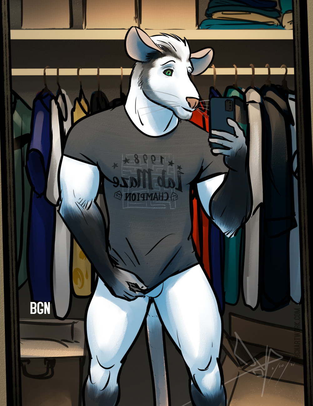 anthro athletic balls barely_visible_genitalia bedroom bgn biceps black_body black_fur bottomless bulge cellphone closet clothed clothing erection erection_under_clothing facial_hair fur genital_outline genitals green_eyes hi_res liam_(bgn) male mammal mirror_selfie mouse murid murine muscular muscular_anthro muscular_male muscular_thighs penis_outline phone pulling_shirt_down rodent selfie shirt solo t-shirt text text_on_clothing text_on_shirt text_on_topwear topwear white_body white_fur