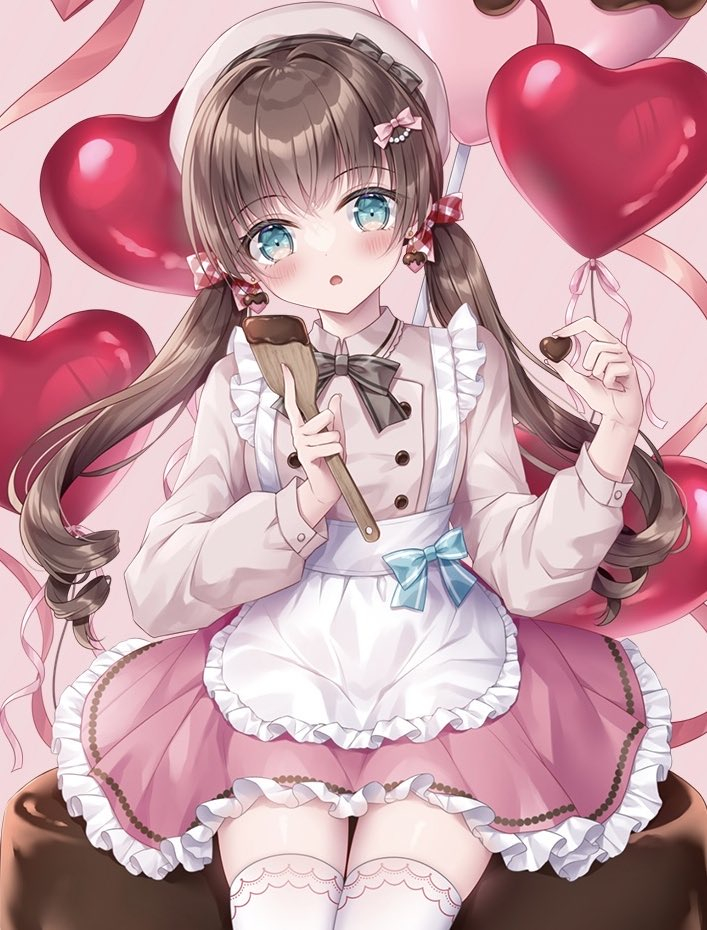 1girl :o apron balloon beret blue_eyes blush bow brown_bow brown_hair candy chocolate collared_shirt commentary_request food frilled_apron frilled_skirt frills grey_headwear hair_between_eyes hands_up hat head_tilt heart heart-shaped_chocolate heart_balloon holding holding_food kohinata_hoshimi long_hair looking_at_viewer low_twintails original parted_lips pink_background pink_shirt pink_skirt shirt simple_background sitting skirt solo spatula thighhighs twintails very_long_hair white_apron white_thighhighs