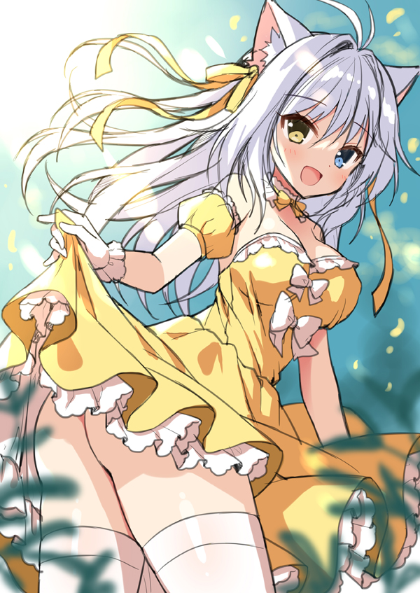 1girl :d aina_rive animal_ear_fluff animal_ears antenna_hair blue_eyes bow breasts brown_eyes cat_ears cat_girl cleavage clothes_lift collar dress dress_lift dutch_angle frilled_collar frilled_dress frilled_gloves frills gloves hair_between_eyes hair_intakes hair_ribbon heterochromia long_bangs long_hair mauve medium_breasts original ribbon sketch smile solo strapless strapless_dress thighhighs thighs unfinished white_bow white_hair white_thighhighs yellow_dress yellow_ribbon