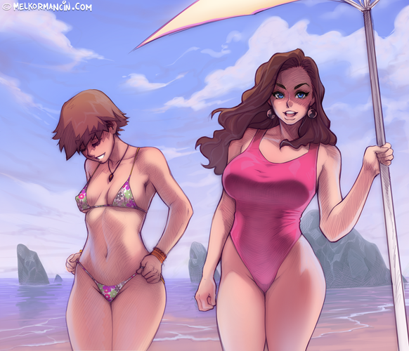 2girls :d artist_name beach beach_umbrella bikini blue_eyes blue_sky breasts brown_hair closed_eyes cloud cloudy_sky covered_nipples cowboy_shot earrings english_commentary holding holding_umbrella jewelry large_breasts long_hair melkor_mancin multiple_girls navel one-piece_swimsuit open_mouth original pink_bikini pink_one-piece_swimsuit sand short_hair siblings sisters sky smile stomach string_bikini swimsuit umbrella water