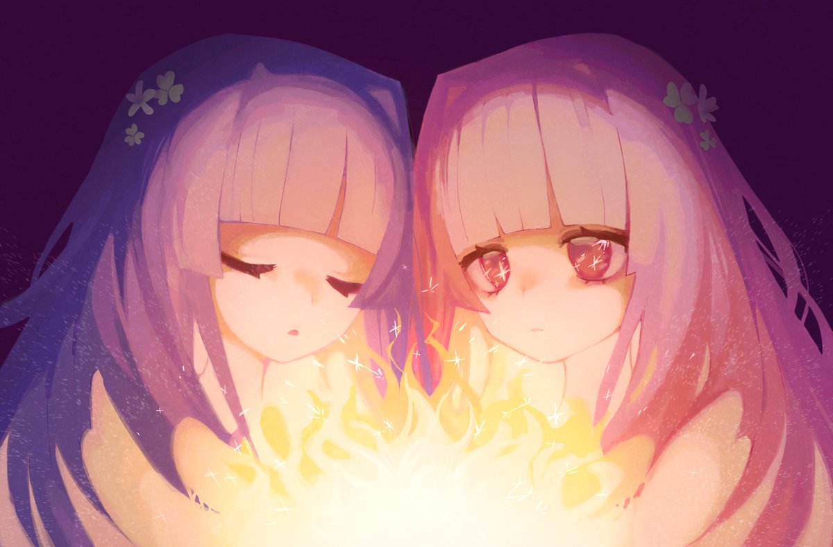 2girls blunt_bangs closed_eyes clover_hair_ornament commentary_request embers expressionless fire flower hair_flower hair_intakes hair_ornament kotonoha_akane kotonoha_aoi long_hair marutsubo multiple_girls open_mouth pink_hair purple_background purple_hair red_eyes siblings simple_background sisters sparkling_eyes sparks upper_body voiceroid