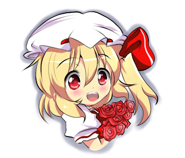 1girl blonde_hair bouquet flandre_scarlet flower from_side hair_between_eyes hat hat_ribbon holding holding_bouquet long_hair looking_at_viewer looking_to_the_side lowres mob_cap one_side_up open_mouth puffy_short_sleeves puffy_sleeves red_eyes red_flower red_ribbon red_rose ribbon ribbon-trimmed_headwear ribbon_trim rose shirt short_sleeves simple_background solo teeth tonchinkan touhou upper_teeth_only white_background white_headwear white_shirt