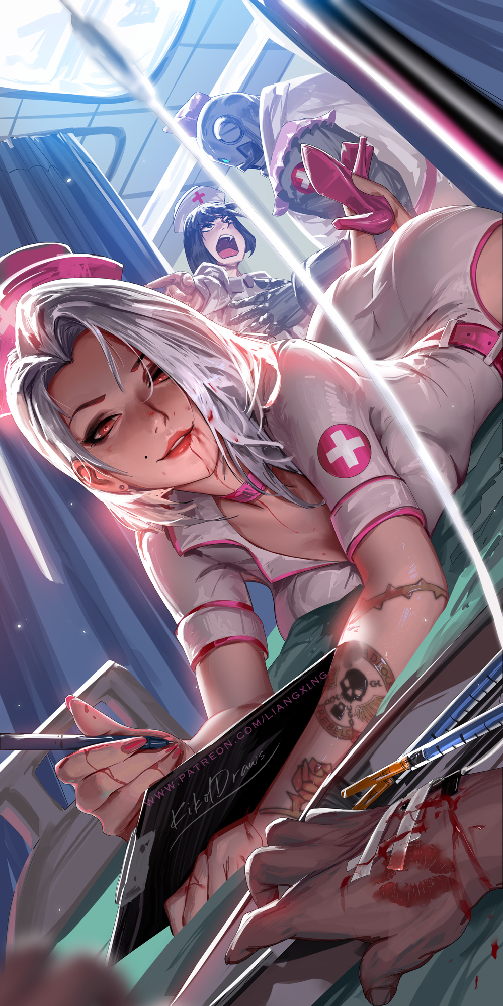 2girls arm_tattoo ashe_(overwatch) ass belt blood blood_on_face blood_on_hands character_request dress dutch_angle earrings english_commentary hat highres holding holding_pen indoors infirmary jewelry liang_xing looking_at_viewer lying mole mole_above_mouth multiple_girls nurse nurse_cap on_stomach overwatch parted_lips patreon_username pen pink_belt pink_headwear red_eyes short_hair solo_focus tattoo web_address white_dress white_hair