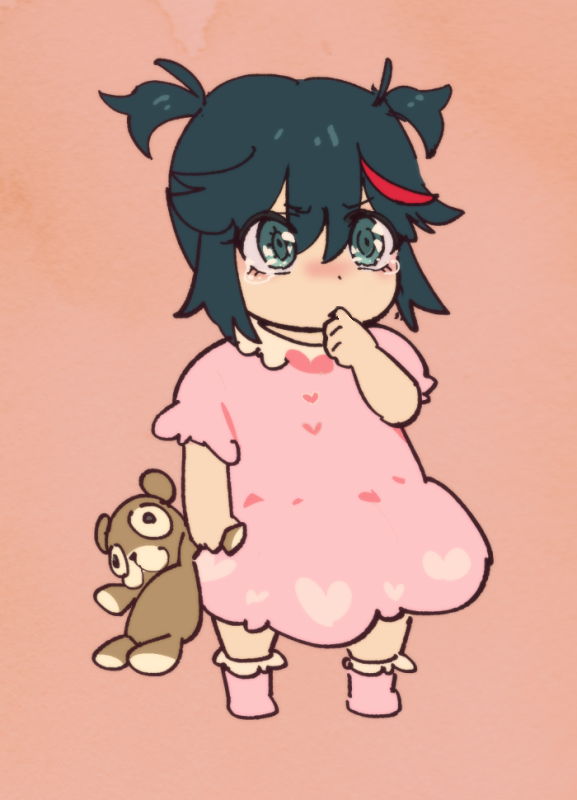 ._. aged_down baby blush dress gyosone holding kill_la_kill matoi_ryuuko multicolored_hair pink_dress red_hair short_twintails socks solo stuffed_animal stuffed_toy tears teddy_bear thumb_sucking toddler twintails two-tone_hair