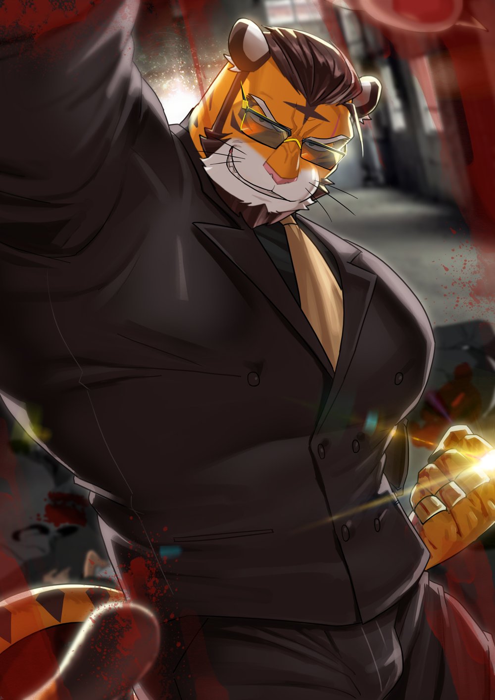 1boy absol_(dkqthf) bara blood blood_on_hands chinese_zodiac cowboy_shot glint highres huge_pectorals incoming_attack looking_at_viewer male_focus mature_male muscular muscular_male necktie original paid_reward_available pov seductive_smile short_hair smile solo suit sunglasses thick_eyebrows tiger_boy yakuza year_of_the_tiger
