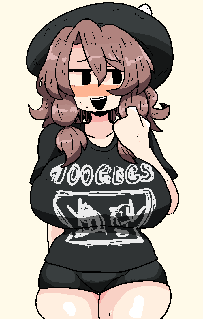 100_gecs band_shirt bike_shorts black_eyes black_headwear black_shirt black_shorts blush bow brown_hair glasses hat hat_bow low_twintails merchandise nose_blush notnoe_(dxcl) open_mouth shirt short_hair shorts sweat touhou twintails urban_legend_in_limbo usami_sumireko white_bow