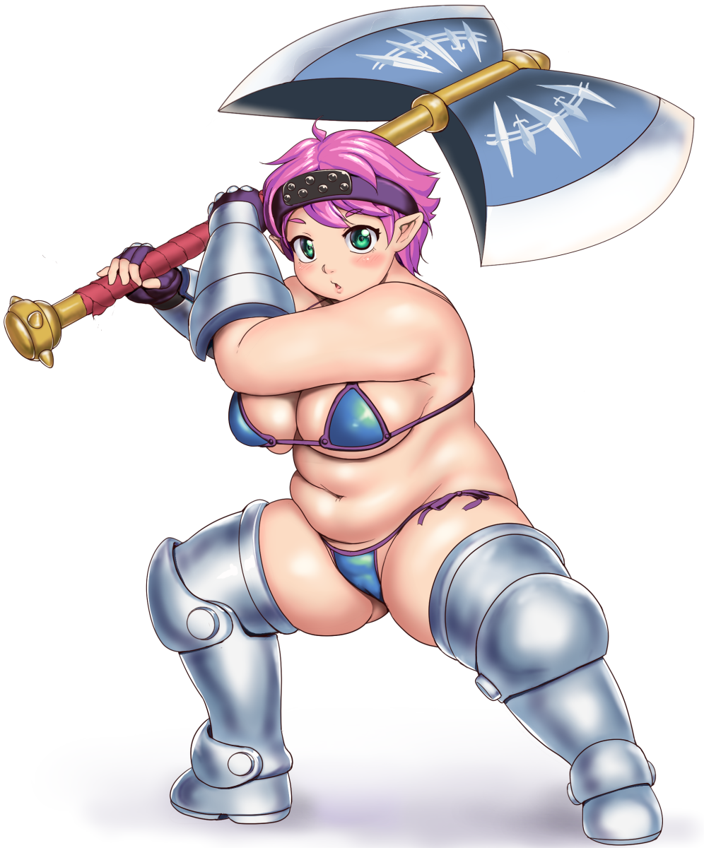 armor big_breasts bikini blue_bikini blue_clothing blue_swimwear blush breasts clothing dwarf female fingerless_gloves gloves green_eyes handwear hi_res holding_axe holding_object holding_weapon humanoid humanoid_pointy_ears looking_at_viewer navel orizendau simple_background slightly_chubby solo swimwear tan_body tan_skin thick_thighs unconvincing_armor weapon white_background wide_hips