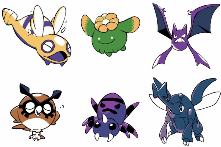 :3 bird claws clenched_teeth closed_eyes closed_mouth crobat dunsparce heracross hoothoot no_humans open_mouth pokemon pokemon_(creature) simple_background skiploom smile spinarak teeth tyako_089 white_background