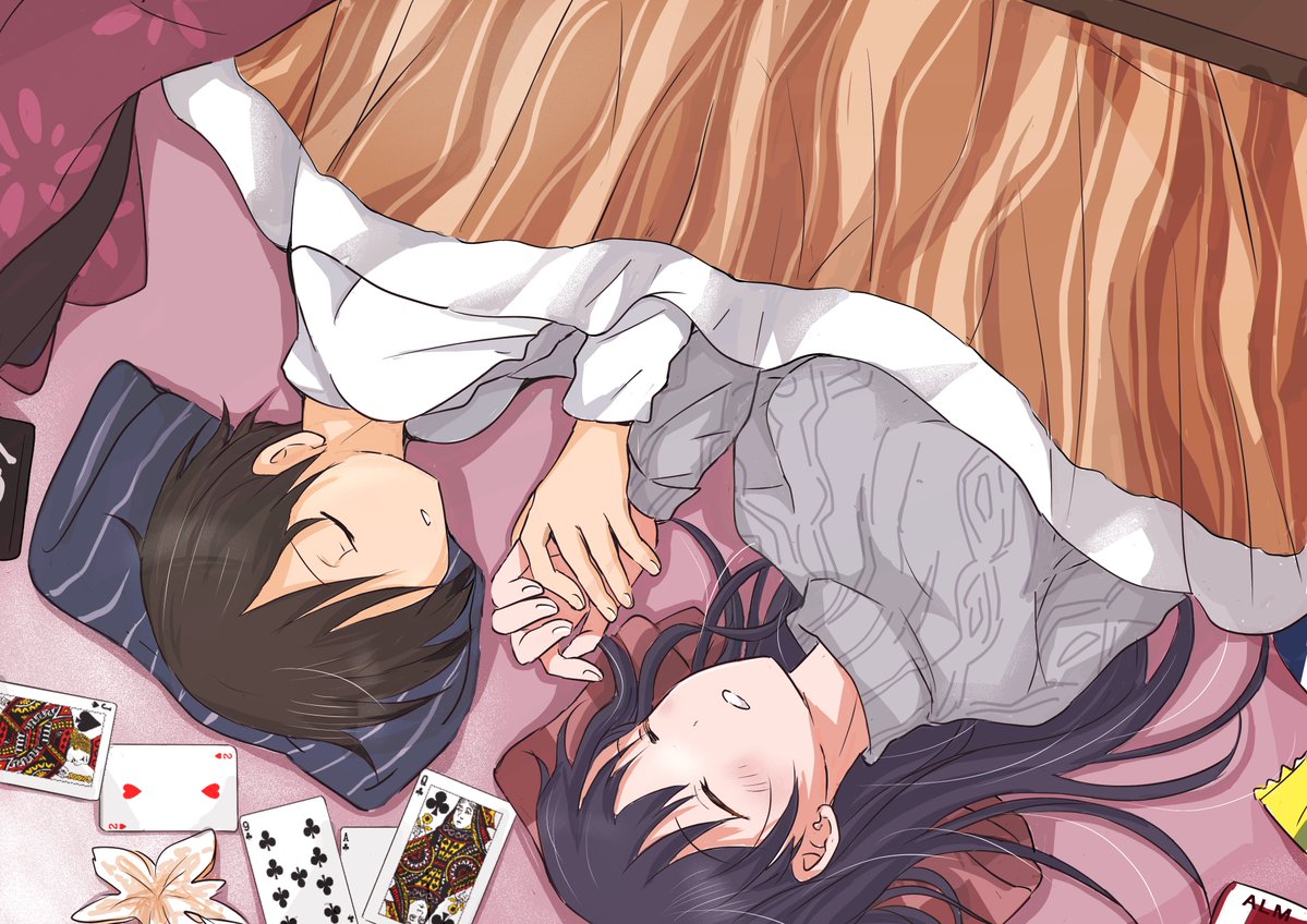 1boy 1girl black_hair blue_hair boku_no_kokoro_no_yabai_yatsu card clenched_teeth closed_eyes dark_blue_hair grey_sweater holding_hands ichikawa_kyoutarou kotatsu long_hair lying mizu_(izumi_0302_) on_back on_floor on_side playing_card short_hair sleeping sweater table teeth under_kotatsu under_table upper_body yamada_anna