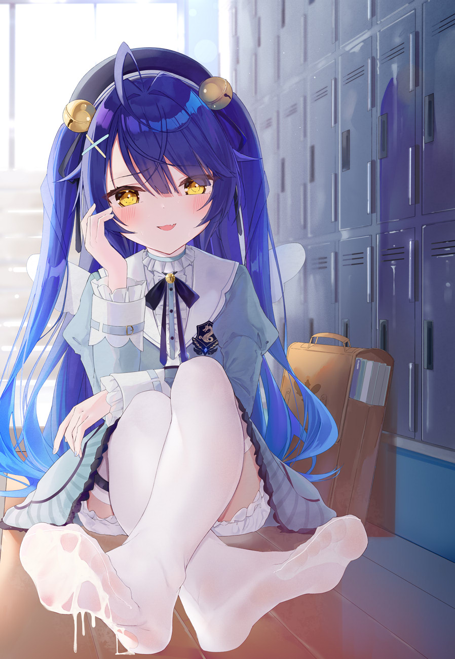 1girl ahoge amamiya_kokoro bell blue_bow blue_bowtie blue_dress blue_hair blue_headwear blurry blurry_background blush bow bowtie choker collared_dress crossed_ankles cum cum_on_body cum_on_clothes cum_on_feet cumdrip dorsiflexion dress eyelashes fang feet foot_focus foreshortening frilled_choker frilled_dress frills full_body getabako hair_bell hair_intakes hair_ornament hair_over_one_eye highres indoors juliet_sleeves knees_up kou_futoshi legs long_hair long_sleeves looking_at_viewer nijisanji no_shoes on_ground paid_reward_available parted_bangs puffy_sleeves school_uniform sidelocks sitting skin_fang soles solo thigh_strap thighhighs toes torn_clothes torn_thighhighs very_long_hair virtual_youtuber white_thighhighs wings wooden_floor x_hair_ornament yellow_eyes