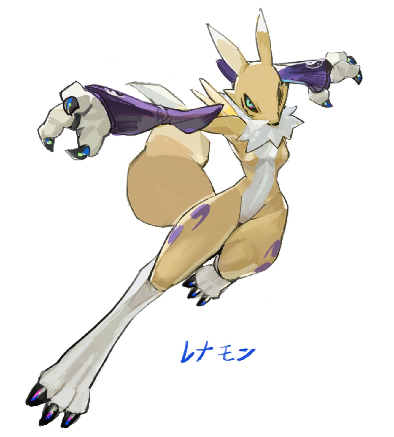 anthro armwear bandai_namco black_sclera blue_eyes breasts bridal_gauntlets clothing digimon digimon_(species) dipstick_ears featureless_breasts female fur hi_res looking_at_viewer magiace multicolored_ears renamon simple_background solo white_background white_body white_fur yellow_body yellow_fur