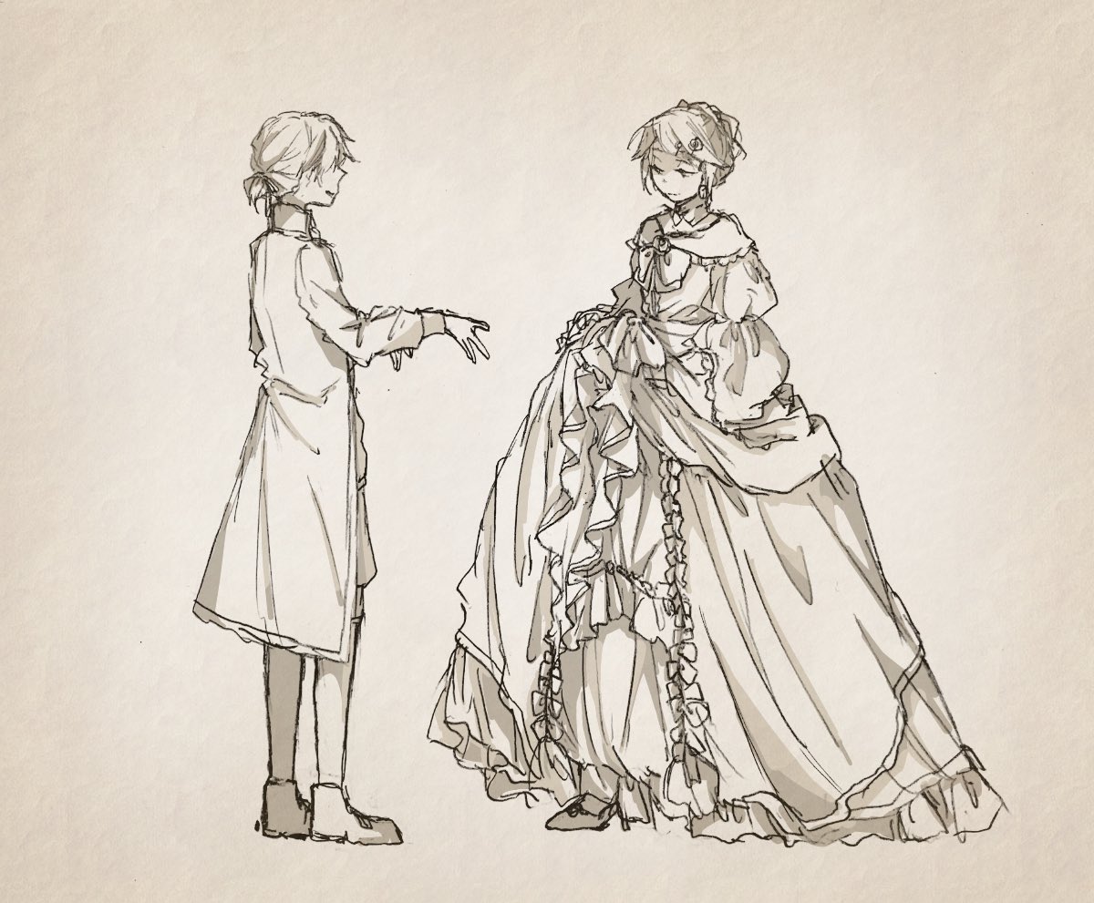 1boy 1girl aku_no_meshitsukai_(vocaloid) aku_no_musume_(vocaloid) bow brother_and_sister choker collared_coat collared_jacket dancing detached_collar dress dress_bow dress_ribbon earrings evillious_nendaiki frilled_dress frilled_sleeves frills gherea greyscale hair_bow hair_ornament hairclip half-closed_eyes high_collar high_heels high_ponytail jacket jewelry monochrome off-shoulder_dress off_shoulder outstretched_arm petticoat puffy_sleeves sepia shoes short_ponytail siblings skirt_hold smile swept_bangs twins updo wide_sleeves