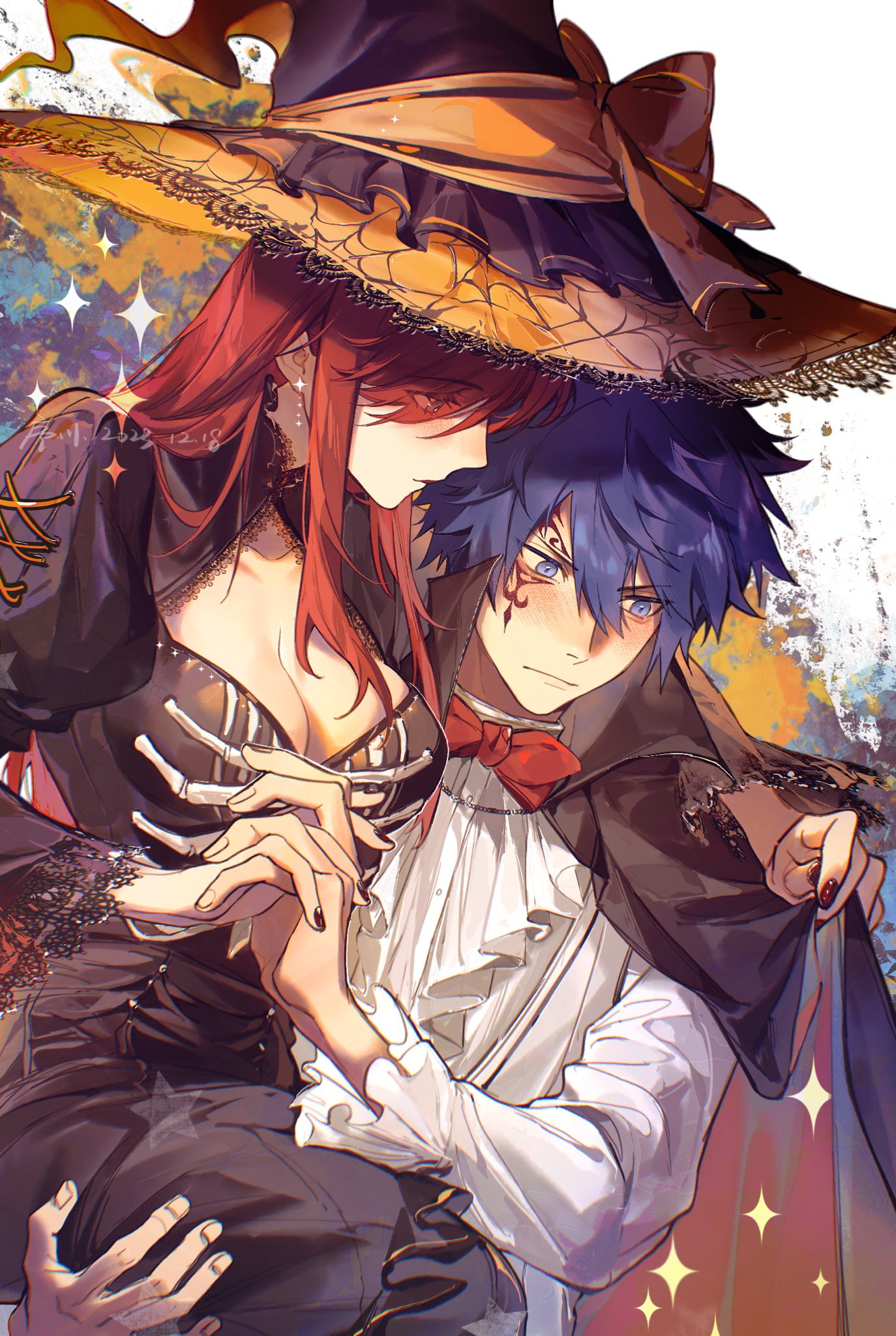 1boy 1girl arm_around_neck artist_name black_cape black_dress black_headwear blue_eyes blue_hair blush bow bowtie breasts cape cape_grab cleavage_cutout clothing_cutout colored_skin cowboy_shot dated dress earrings erza_scarlet facial_tattoo fairy_tail fingernails frilled_sleeves frills hair_between_eyes halloween halloween_costume hat hat_bow highres holding holding_hands jellal_fernandes jewelry jyukawa large_breasts long_sleeves looking_at_another multicolored_background orange_hair red_cape red_eyes red_nails shirt short_hair sparkle star_(symbol) tattoo two-sided_cape two-sided_fabric two-tone_hat white_shirt white_skin witch_hat