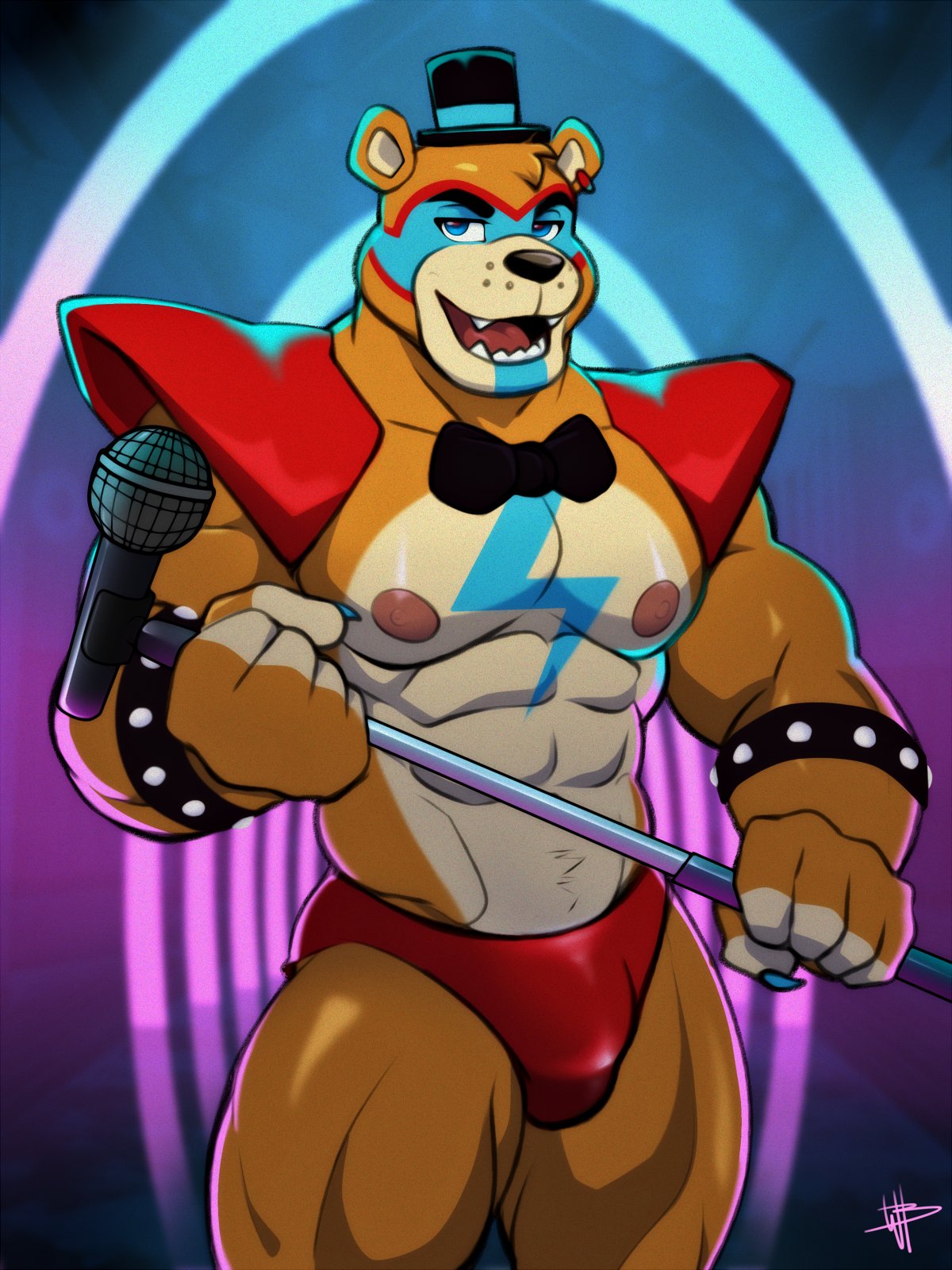 2021 abs animatronic anthro armband big_muscles bow_tie bulge clothed clothing ear_piercing ear_ring eyebrows facial_markings five_nights_at_freddy's five_nights_at_freddy's:_security_breach fur glamrock_freddy_(fnaf) hat head_markings headgear headwear hi_res holding_microphone holding_object machine male mammal markings microphone muscular muscular_anthro muscular_male narrowed_eyes nipples open_mouth pecs piercing quads robot scottgames shoulder_pads signature solo speedo spiked_armband spikes standing swimwear teeth thick_thighs tongue top_hat topless topless_anthro topless_male tuft ursid video_games wolfybuns
