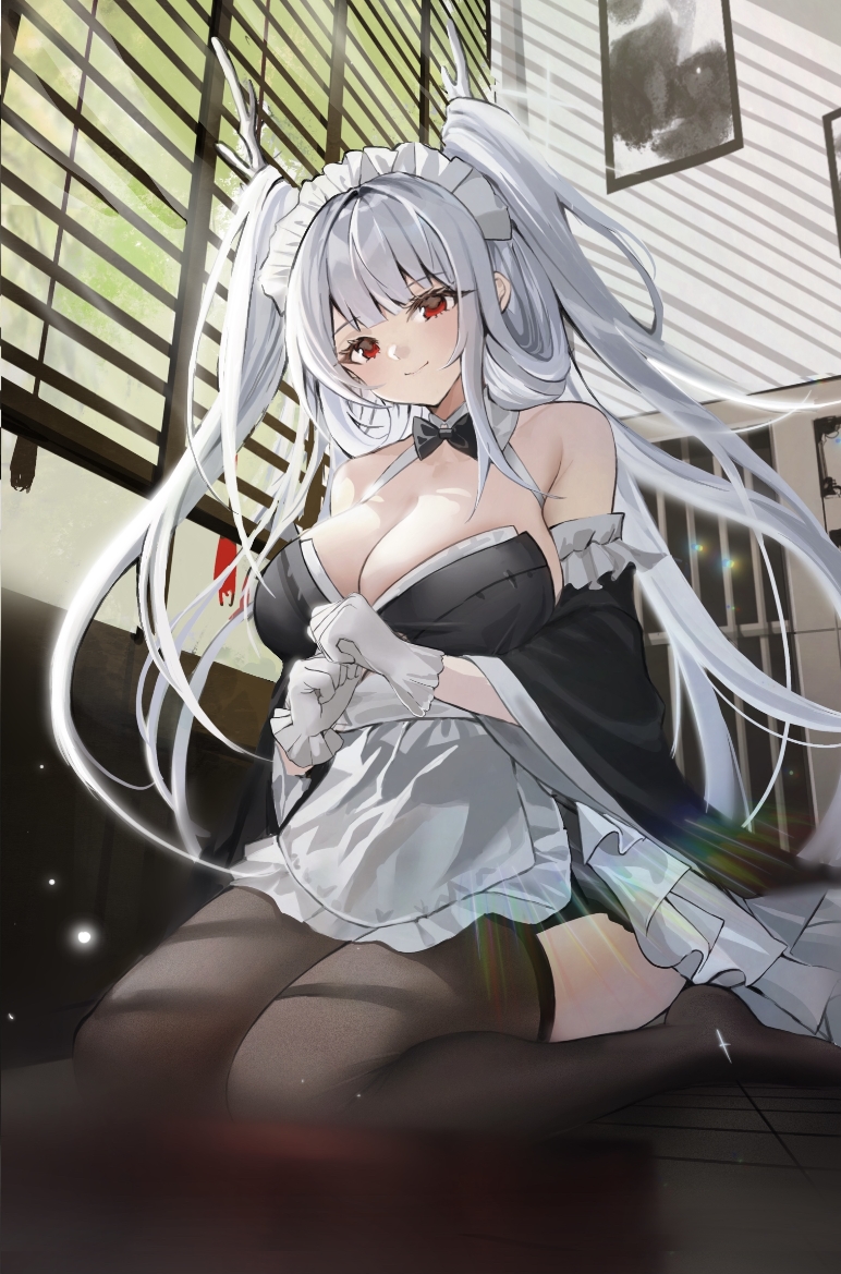1girl apron azur_lane bare_shoulders black_bow black_bowtie black_thighhighs bow bowtie commentary_request detached_sleeves frilled_sleeves frills gloves head_tilt indoors komuer long_hair long_sleeves looking_at_viewer maid no_shoes red_eyes shimanto_(azur_lane) sitting smile solo thighhighs thighs twintails very_long_hair waist_apron wariza white_apron white_gloves white_hair window_blinds