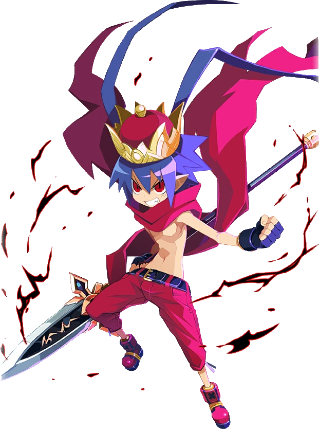1boy antenna_hair belt blue_hair crown demon_boy disgaea disgaea_rpg fingerless_gloves fingernails gloves hair_between_eyes holding holding_polearm holding_weapon laharl male_focus navel official_art pants pointy_ears polearm red_eyes red_footwear red_pants red_scarf scarf shoes smile teeth topless_male weapon