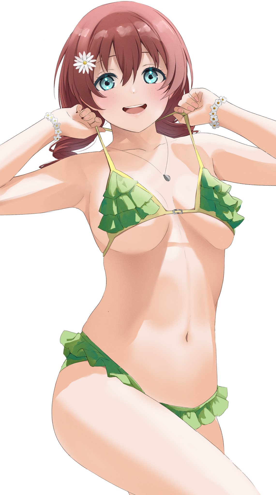 1girl bikini bikini_top_pull breasts emma_verde flower flower_bracelet freckles frilled_bikini frills hair_flower hair_ornament hanamaruyama628 highres jewelry love_live! love_live!_nijigasaki_high_school_idol_club midriff navel necklace red_hair swimsuit underboob