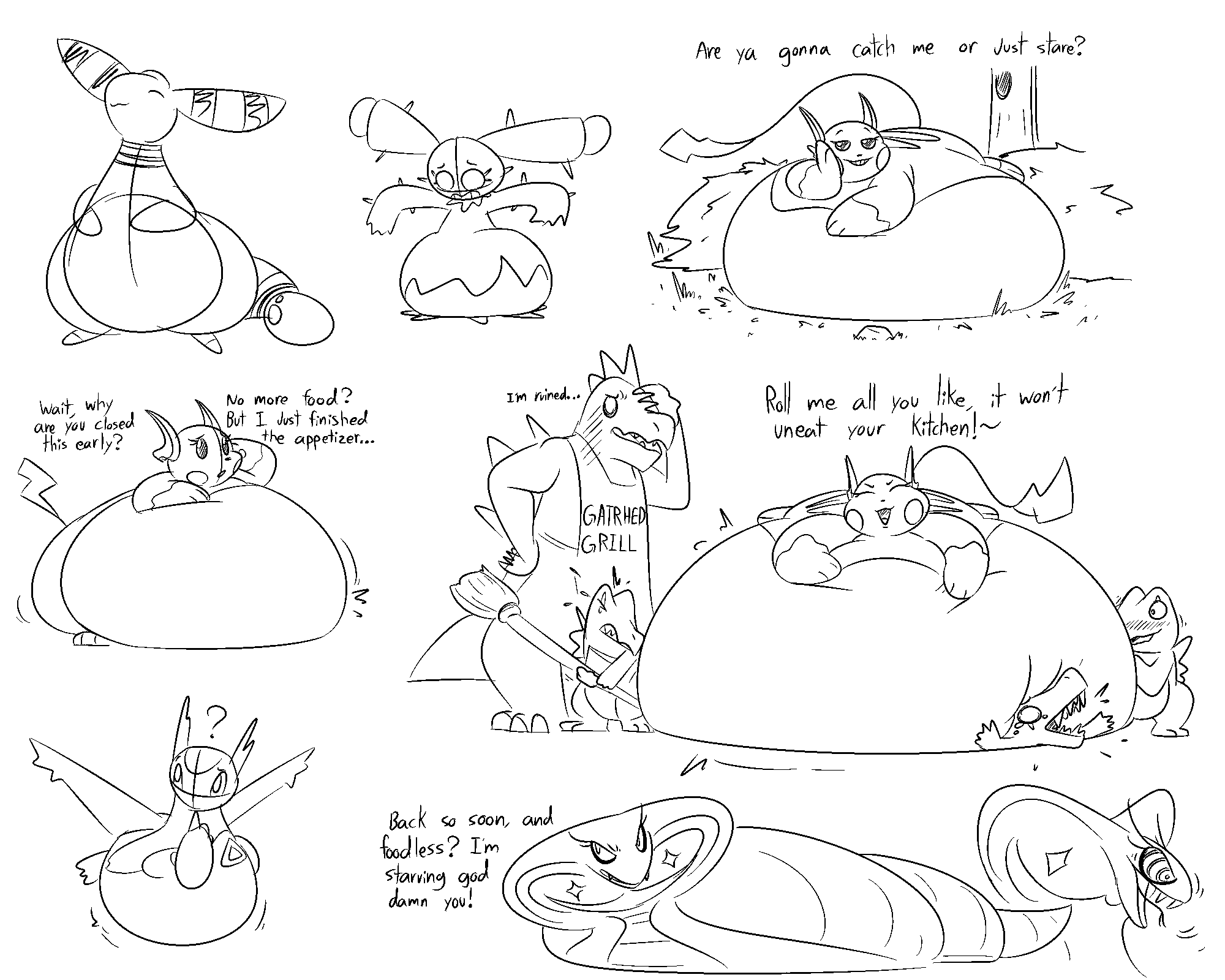 2022 3_toes 4_fingers 5:4 :3 aliasing ambiguous_gender ampharos anthro apode apron apron_only arbok back_spines back_stripes bedroom_eyes belly belly_scales big_belly biped black_and_white black_text bloated blush blush_lines bodily_fluids bottom_heavy broom cactus_creature cactus_humanoid cheek_spots circle_eyes claws cleaning_tool clothing countershade_torso countershading crocodilian crush digital_drawing_(artwork) digital_media_(artwork) elemental_creature elemental_humanoid ellipsis emanata english_text exclamation_point eye_markings eyebrows eyelashes eyes_closed facepalm fangs feet female feral feraligatr fingers flora_fauna flying flying_sweatdrops forked_tongue fur generation_1_pokemon generation_2_pokemon generation_3_pokemon generation_5_pokemon glistening glistening_eyes gloves_(marking) go_ahead_call_x_they_can't_un-y_your_z grass group guide_lines hand_on_hip hatching_(art) head_spines hi_res huge_belly humanoid hyper hyper_belly immobile larger_ambiguous larger_anthro larger_female larger_feral larger_male latias leg_markings legendary_pokemon legless long_tail male mammal maractus markings monochrome morbidly_obese morbidly_obese_female morbidly_obese_feral narrowed_eyes nintendo no_sclera obese obese_female obese_feral open_mouth orb outside overweight overweight_ambiguous overweight_female overweight_feral overweight_humanoid pawpads paws plant plant_humanoid pokemon pokemon_(species) prick_ears profanity question_mark raichu reptile ringed_eyes rock rodent scales scalie scaly_tail seductive serpentine shaded sharp_teeth shrub size_difference sketch sketch_page smaller_ambiguous smaller_feral smile snake snake_hood socks_(marking) spines striped_body striped_ears striped_fur striped_markings striped_neck stripes struggling sweat sweatdrop tail tail_orb talking_to_self taunting teeth text text_on_apron text_on_clothing thatoneaceguy thorns tilde_after_text toes tongue totodile tree weight_conscious weight_gain wide_eyed