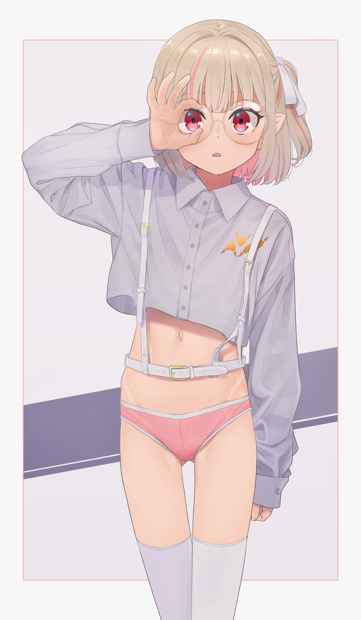 1girl blush chest_harness collared_shirt cropped_shirt glasses grey_hair hair_ribbon harness highres looking_at_viewer makaino_ririmu multicolored_hair navel nijisanji ok_sign ok_sign_over_eye one_side_up panties parted_lips pink_hair pink_panties pointy_ears red_eyes ribbon round_eyewear sabamen shirt short_hair solo thighhighs two-tone_hair underwear virtual_youtuber white_thighhighs