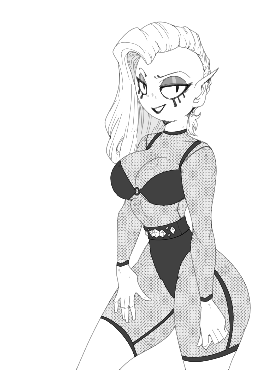 2017 alien alien_humanoid breasts cleavage clothed clothing disney dsolte eyebrows female fishnet_clothing freckles greyscale hair hi_res humanoid humanoid_pointy_ears long_hair looking_at_viewer lord_dominator monochrome noseless not_furry portrait simple_background solo standing thick_thighs three-quarter_portrait wander_over_yonder white_background wide_hips