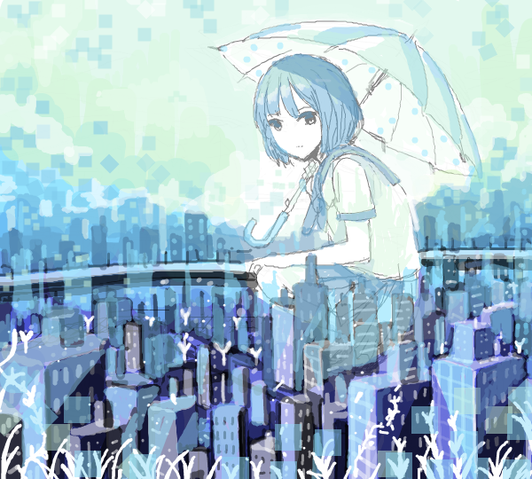 1girl bad_drawr_id bad_id bare_tree black_eyes building city closed_mouth giant giantess green_sky hand_on_own_leg holding holding_umbrella looking_at_viewer oekaki original outdoors pleated_skirt sailor_collar school_uniform serafuku short_hair skirt skyscraper solo square squatting suya000 tree umbrella