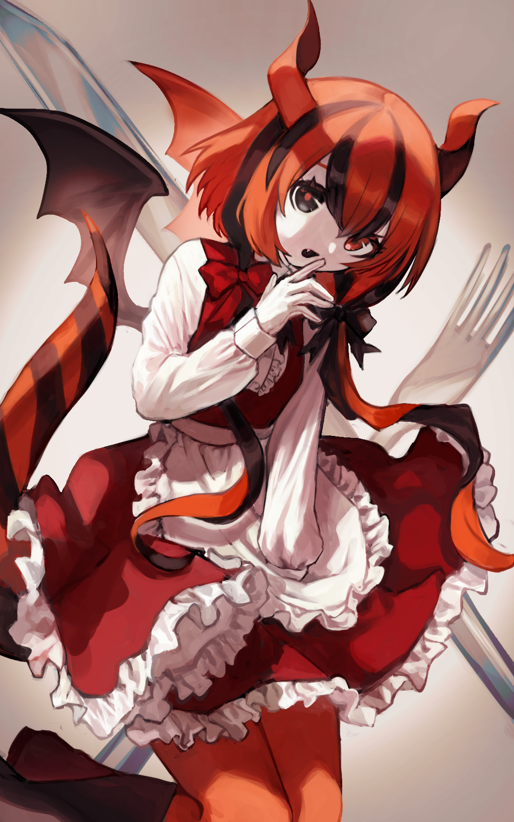 1girl apron black_bow black_eyes black_hair black_wings bow carnival_rhythm colored_skin demon_girl demon_horns demon_wings dress fang finger_to_mouth fork frilled_dress frills funamusea hair_bow highres horns irota knife long_sleeves looking_at_viewer multicolored_eyes multicolored_hair multicolored_tail multicolored_wings open_mouth red_bow red_dress red_eyes red_hair red_pupils red_thighhighs red_wings ribbon rurueruno_(funamusea) shirt short_hair sidelocks solo streaked_hair tail thighhighs white_shirt white_skin wings