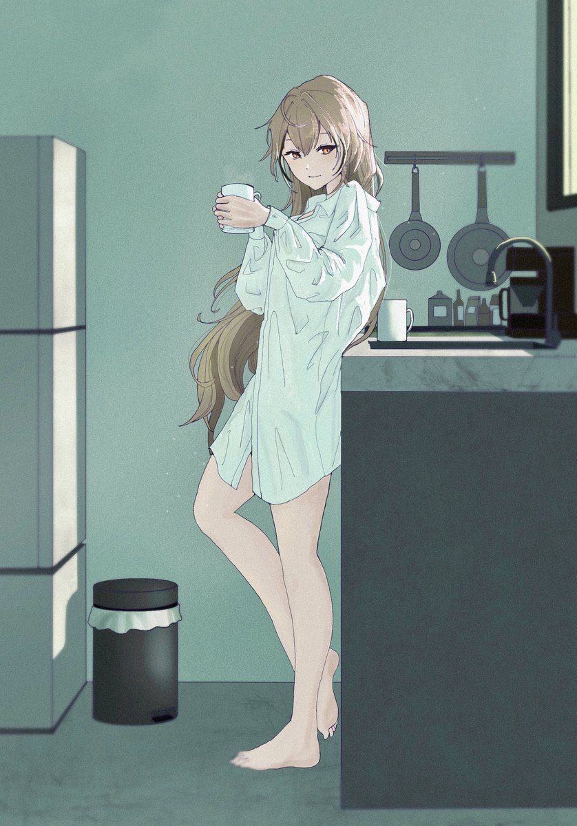 1girl barefoot black_eyeliner black_hair brown_hair coffee coffee_cup coffee_maker cooking_pot counter cup disposable_cup eyelashes eyeliner frying_pan fzvkrjisli18183 highres holding holding_cup hololive hololive_english kitchen long_hair long_sleeves looking_at_viewer makeup messy_hair morning mug multicolored_hair nanashi_mumei no_pants oversized_clothes refrigerator shirt sink smile solo standing streaked_hair trash_can very_long_hair virtual_youtuber white_hair white_shirt window yellow_eyes