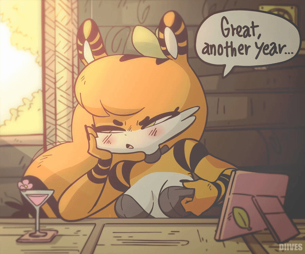2021 alcohol animated anthro beverage blush bodily_fluids breasts clothed clothing d&ograve;u dialogue diives drunk english_text felid female hand_on_cheek holidays mammal new_year pantherine short_playtime solo speech_bubble substance_intoxication sweat sweatdrop text tiger xingzuo_temple