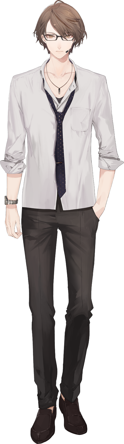 1boy black_footwear black_necktie black_pants breast_pocket brown_eyes brown_hair full_body fuyuomi glasses hand_in_pocket headset highres jewelry kagami_hayato kagami_hayato_(2nd_costume) long_sleeves looking_at_viewer loose_necktie male_focus necklace necktie nijisanji official_art pants pendant pocket shirt shoes short_hair sleeves_rolled_up solo transparent_background virtual_youtuber watch white_shirt wristwatch