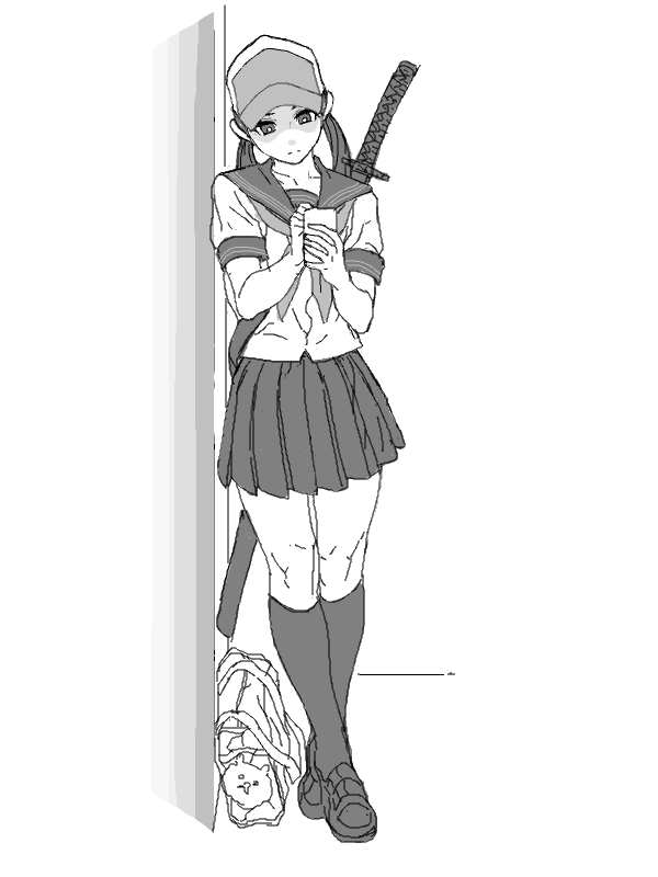 1girl against_wall bad_drawr_id bad_id bag bag_charm bright_pupils character_request charm_(object) closed_mouth copyright_request full_body greyscale hat holding holding_phone katana keidoro143 long_hair monochrome oekaki phone pleated_skirt sailor_collar sandals school_bag school_uniform serafuku sheath sheathed short_sleeves simple_background skirt socks solo standing sword twintails weapon white_pupils