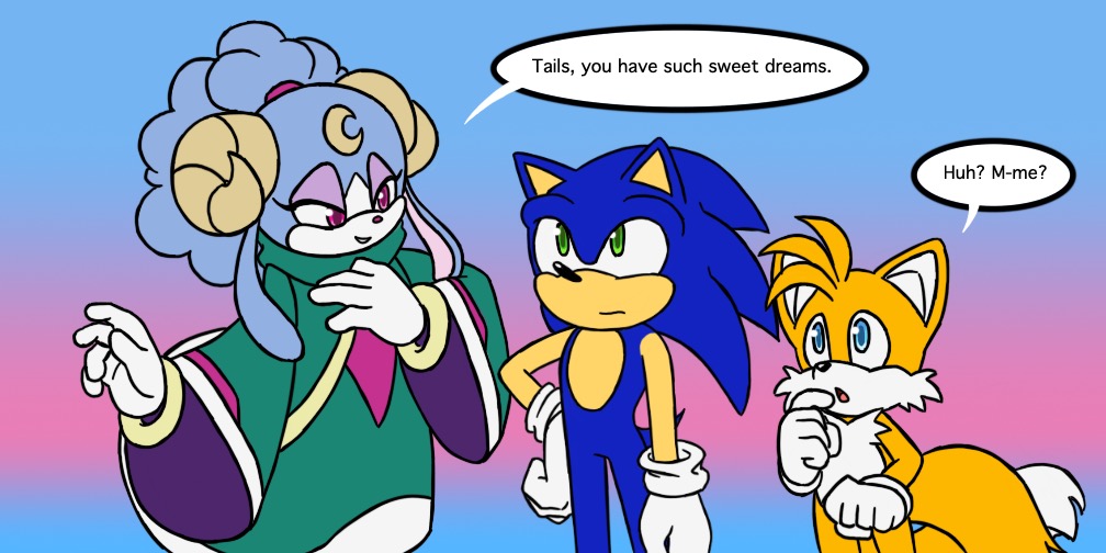 1girl 2boys blue_eyes blue_fur commentary english_commentary english_text furry furry_male gloves green_eyes hyrulepirate male_focus multiple_boys simple_background sonic_(series) sonic_the_hedgehog speech_bubble tails_(sonic)