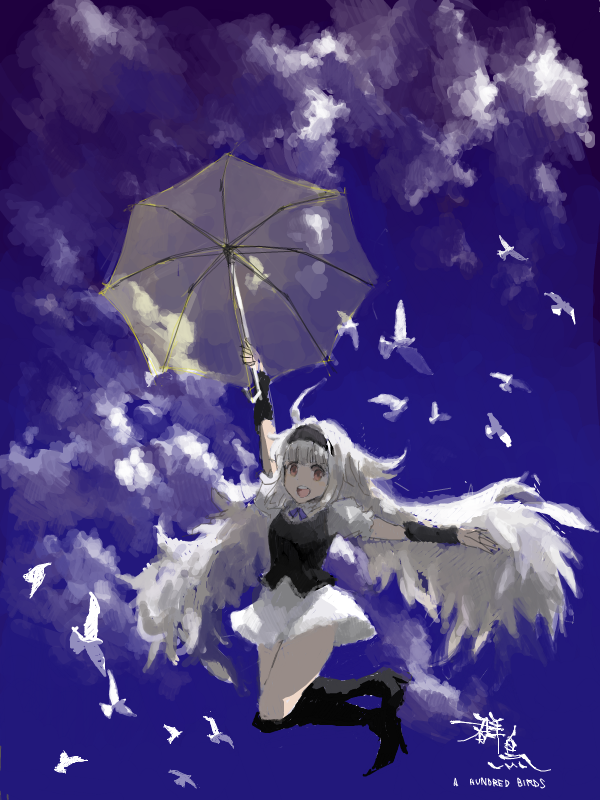 1girl :d ahoge arm_up arm_warmers bad_drawr_id bad_id bird black_footwear black_hairband black_vest blue_sky boots character_request cloud copyright_request dress english_text flying goldregen hairband holding holding_umbrella long_hair looking_at_viewer oekaki open_mouth outstretched_arm painterly sky smile solo teeth thighs umbrella upper_teeth_only vest white_bird white_dress white_hair