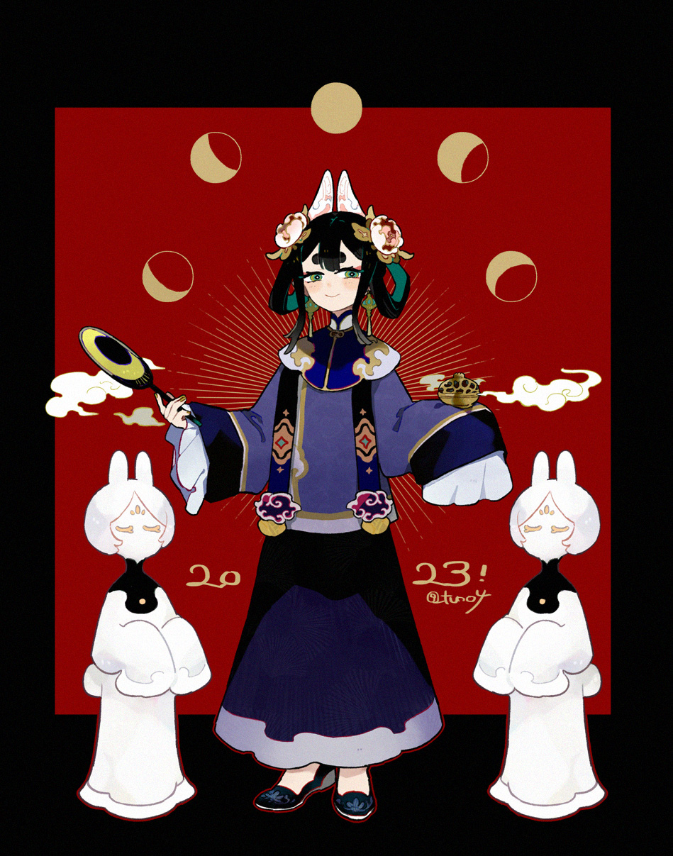 1girl 2023 2others animal_ears black_hair blue_dress colored_skin crescent_moon dress full_moon green_eyes hair_ornament hair_rings hand_fan high_collar highres holding holding_fan incense_burner long_sleeves moon multiple_others new_year original rabbit_ears red_background smoke thick_eyebrows twitter_username white_skin wide_sleeves yotsu_kado