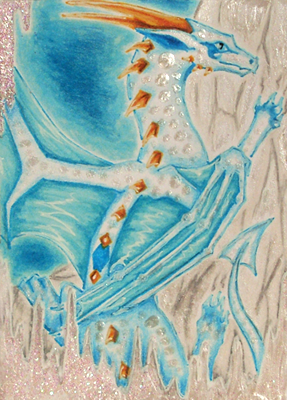 aceo ambiguous_gender blue_membrane climbing dragon feral frozen glitter horn ice icicle low_res membrane_(anatomy) scales selianth solo white_body white_scales yellow_horn yellow_spines