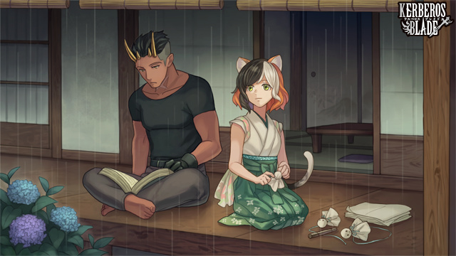 1boy 1girl animal_ears barefoot belt black_gloves black_hair black_shirt book cat_ears copyright_name dark-skinned_male dark_skin flower gloves green_hakama hakama horns hydrangea japanese_clothes kerberos_blade kimono multicolored_hair open_book orange_hair outdoors porch rain reading shirt shouji sitting sleeveless sleeveless_kimono sliding_doors t-shirt table teruterubouzu tsukioka_keru white_hair yellow_eyes