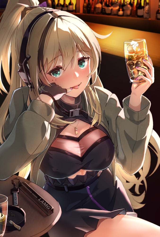 1girl ammo21204760 bar_(place) black_hair blonde_hair blush breasts character_name cleavage cup fingerless_gloves girls'_frontline gloves green_eyes headphones holding holding_cup ice ice_cube lamg_(girls'_frontline) long_hair looking_at_viewer mole mole_under_eye multicolored_hair multiple_moles pink_nails single_glove sitting smile solo streaked_hair tongue tongue_out
