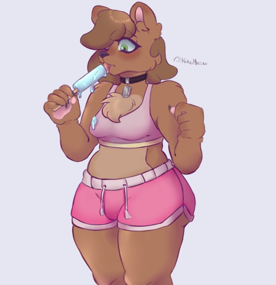 anthro artist_name bear bottomwear bra breasts brown_body brown_fur brown_hair bulge chest_tuft claws clothed clothing collar dessert dolphin_shorts dripping finger_claws food fur green_eyes gynomorph hair hair_over_eye ice_cream intersex kirumeow mammal moonie_(kirumeow) multicolored_body one_eye_obstructed pawpads pink_bottomwear pink_bra pink_clothing pink_shorts pink_sports_bra pink_underwear popsicle popsicle_melting sea_salt_ice_cream short_hair shorts simple_background small_breasts solo sports_bra thick_thighs tongue tongue_out tuft two_tone_body underwear