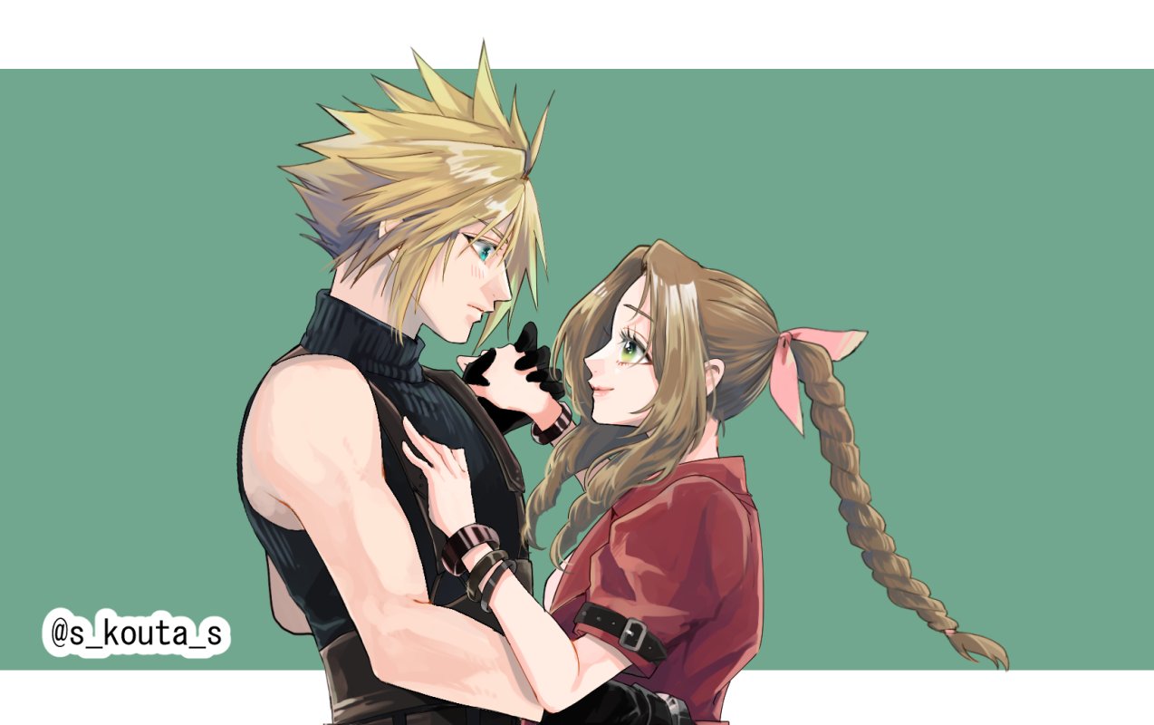 1boy 1girl aerith_gainsborough belt black_gloves blonde_hair blue_eyes blue_shirt border braid braided_ponytail breasts brown_belt brown_hair closed_mouth cloud_strife couple dress final_fantasy final_fantasy_vii gloves green_background green_eyes hair_between_eyes hair_ribbon hand_on_another's_chest hand_on_another's_hip hetero holding_hands jacket letterboxed long_hair looking_at_another medium_breasts multiple_belts parted_bangs pink_dress pink_ribbon profile puffy_short_sleeves puffy_sleeves red_jacket ribbon s_kouta_s shirt short_hair short_sleeves sidelocks single_bare_shoulder single_braid sleeveless sleeveless_turtleneck smile spiked_hair suspenders turtleneck twitter_username upper_body wavy_hair white_border