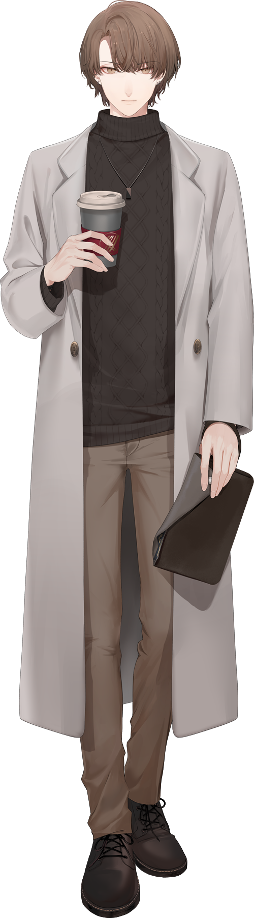 1boy black_footwear black_sweater brown_eyes brown_hair brown_pants coat coffee_cup cup disposable_cup full_body fuyuomi grey_coat highres holding holding_cup jewelry kagami_hayato kagami_hayato_(7th_costume) long_sleeves looking_at_viewer male_focus necklace nijisanji official_art pants pendant shoes short_hair solo sweater turtleneck turtleneck_sweater virtual_youtuber