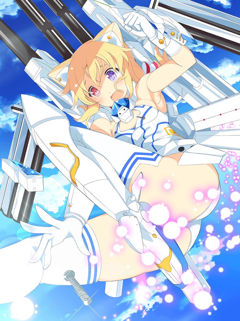 1girl android ass blonde_hair blue_gemstone blue_sky breasts cannon cloud crotch day doll_joints embarrassed flat_chest flying gem gloves heterochromia horns joints lens_flare light_particles machinery mechanical_legs mechanical_parts midair muramasa_(senran_kagura) official_art open_mouth outdoors panties purple_eyes red_eyes robot robot_ears robot_girl senran_kagura senran_kagura_new_wave short_hair sky solo sparkle thighhighs underwear weapon white_gloves white_panties white_thighhighs yaegashi_nan