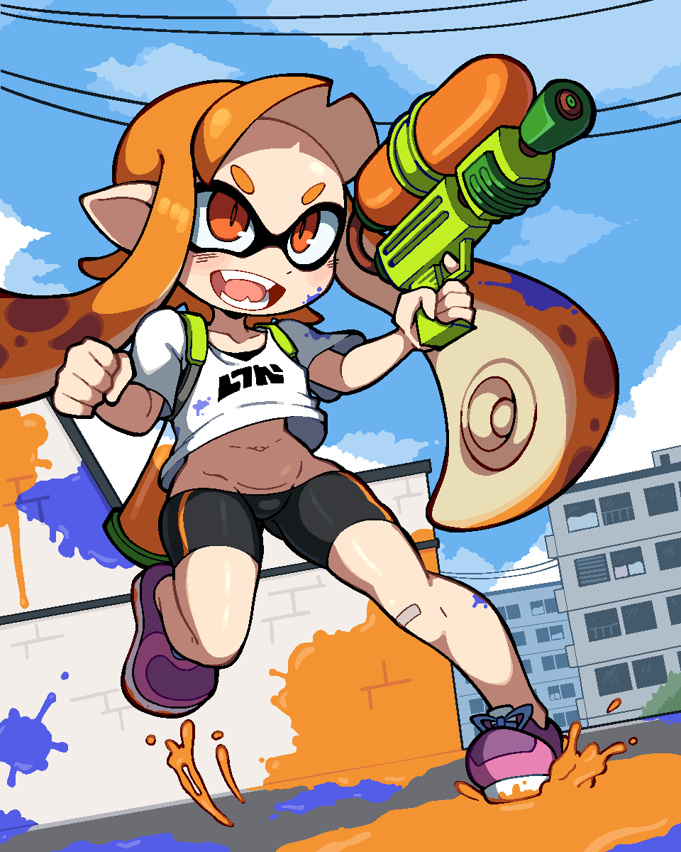 1girl average-hanzo bandaid bandaid_on_knee bandaid_on_leg bike_shorts black_shorts clenched_hand collarbone commentary english_commentary foot_up forehead full_body gun highres holding holding_gun holding_weapon inkling_girl inkling_player_character navel open_mouth orange_hair outdoors purple_footwear shirt short_shorts short_sleeves shorts solo splatoon_(series) standing standing_on_one_leg teeth tentacle_hair thick_eyebrows weapon white_shirt