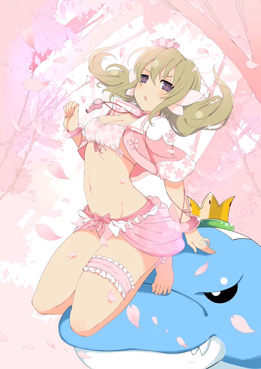 1girl alternate_costume animal anklet barefoot bikini blonde_hair blush bow breasts cherry_blossoms choker cleavage cropped_jacket crown diamond_mouth dolphin fang floating_hair floral_print flower frilled_anklet frilled_skirt frills front-tie_bikini_top front-tie_top groin hair_between_eyes hair_flower hair_ornament jacket jewelry kafuru_(senran_kagura) lens_flare looking_at_viewer low_twintails luka_(senran_kagura) medium_breasts midriff mini_crown navel official_art open_mouth pink_bikini pink_bow pink_bracelet pink_choker pink_flower pink_jacket purple_eyes ribbon senran_kagura senran_kagura_estival_versus senran_kagura_new_wave skirt solo sparkle stomach swimsuit thigh_strap twintails v-shaped_eyebrows whistle whistle_around_neck yaegashi_nan