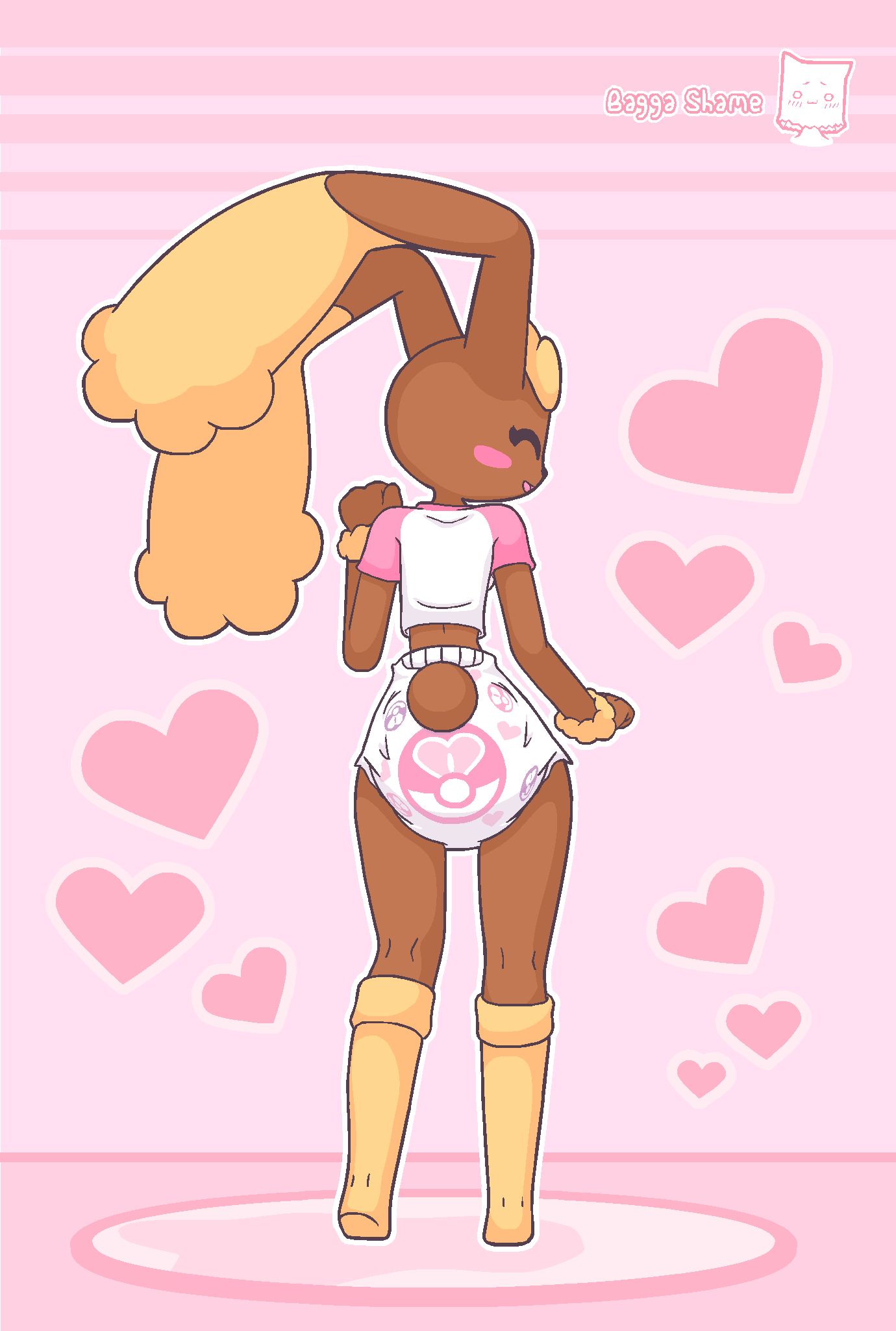 2024 4_fingers abstract_background anthro arm_tuft artist_logo baggashame big_ears black_nose blush blush_stickers brown_body brown_ears brown_fur brown_tail butt clothing crop_top diaper eyes_closed feet female fingers floppy_ears fur furgonomic_diaper furgonomics generation_4_pokemon happy head_turned heats hi_res holidays lagomorph leporid logo lop_ears lopunny love_ball mammal midriff multicolored_body multicolored_clothing multicolored_diaper multicolored_ears multicolored_fur multicolored_shirt multicolored_topwear nintendo open_mouth open_smile outline pattern_diaper penni_(baggashame) pink_background pink_clothing pink_diaper pink_shirt pink_tongue pink_topwear pokeball pokemon pokemon_(species) rear_view shirt short_tail signature simple_background smile solo tail tan_body tan_ears tan_fur tan_socks tongue topwear tuft two_tone_body two_tone_clothing two_tone_diaper two_tone_ears two_tone_fur two_tone_shirt two_tone_topwear underwear valentine's_day white_clothing white_diaper white_outline white_shirt white_topwear wrist_tuft